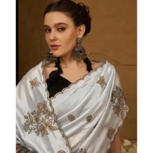 Women's Viscose Silk Embroidered Saree with Blouse – Grey