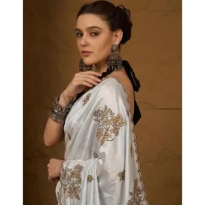Women's Viscose Silk Embroidered Saree with Blouse – Grey