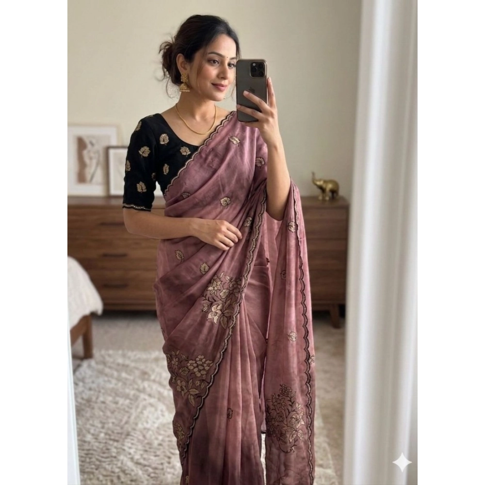 Women's Viscose Silk Embroidered Saree with Blouse – Pink