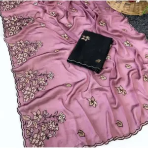 Women's Viscose Silk Embroidered Saree with Blouse – Pink