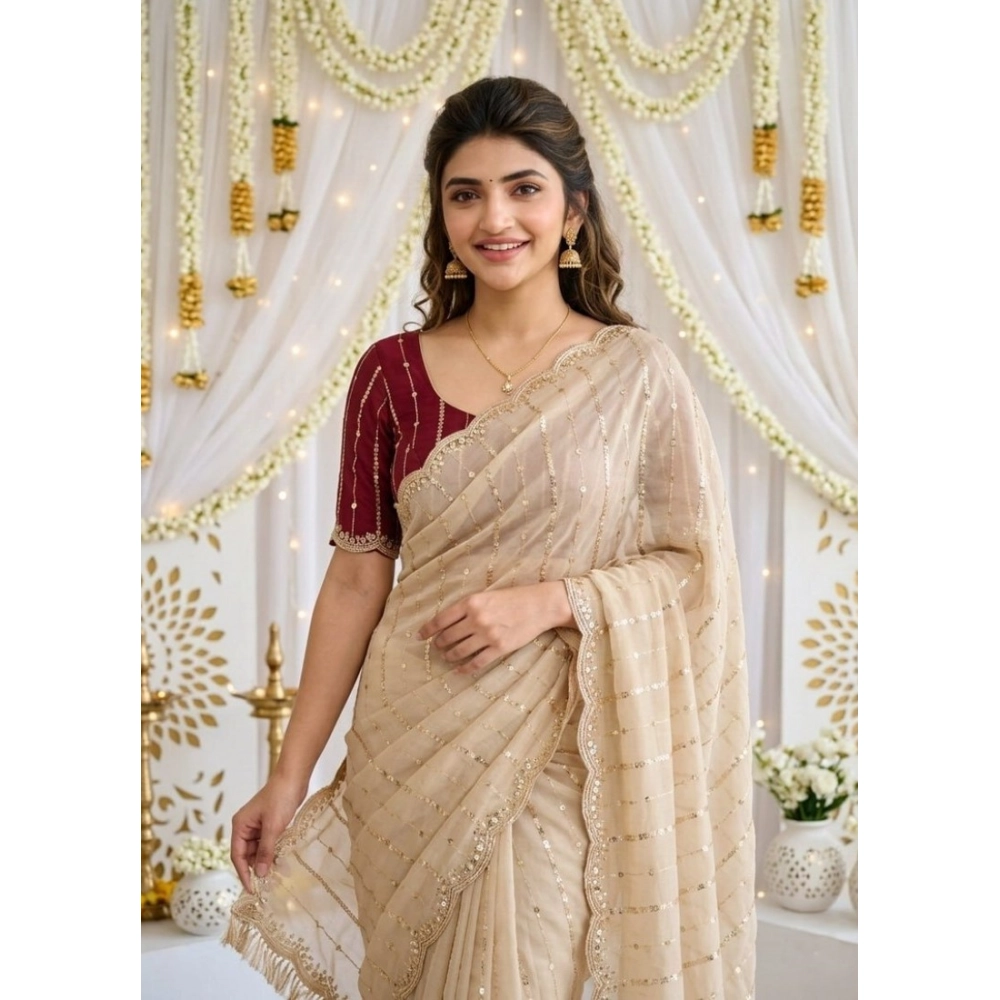 Women's Star Georgette Embroidered Saree with Blouse – Beige