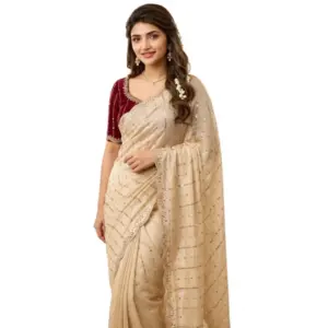 Women's Star Georgette Embroidered Saree with Blouse – Beige