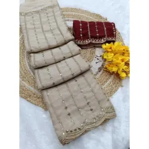 Women's Star Georgette Embroidered Saree with Blouse – Beige