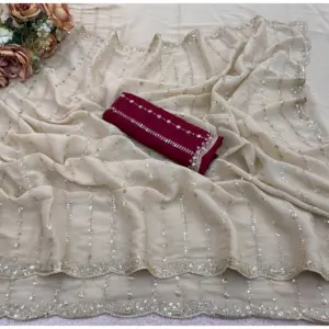 Women's Star Georgette Embroidered Saree with Blouse – Beige