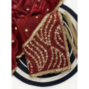 Women's Satin Embellished Saree with Blouse – Maroon