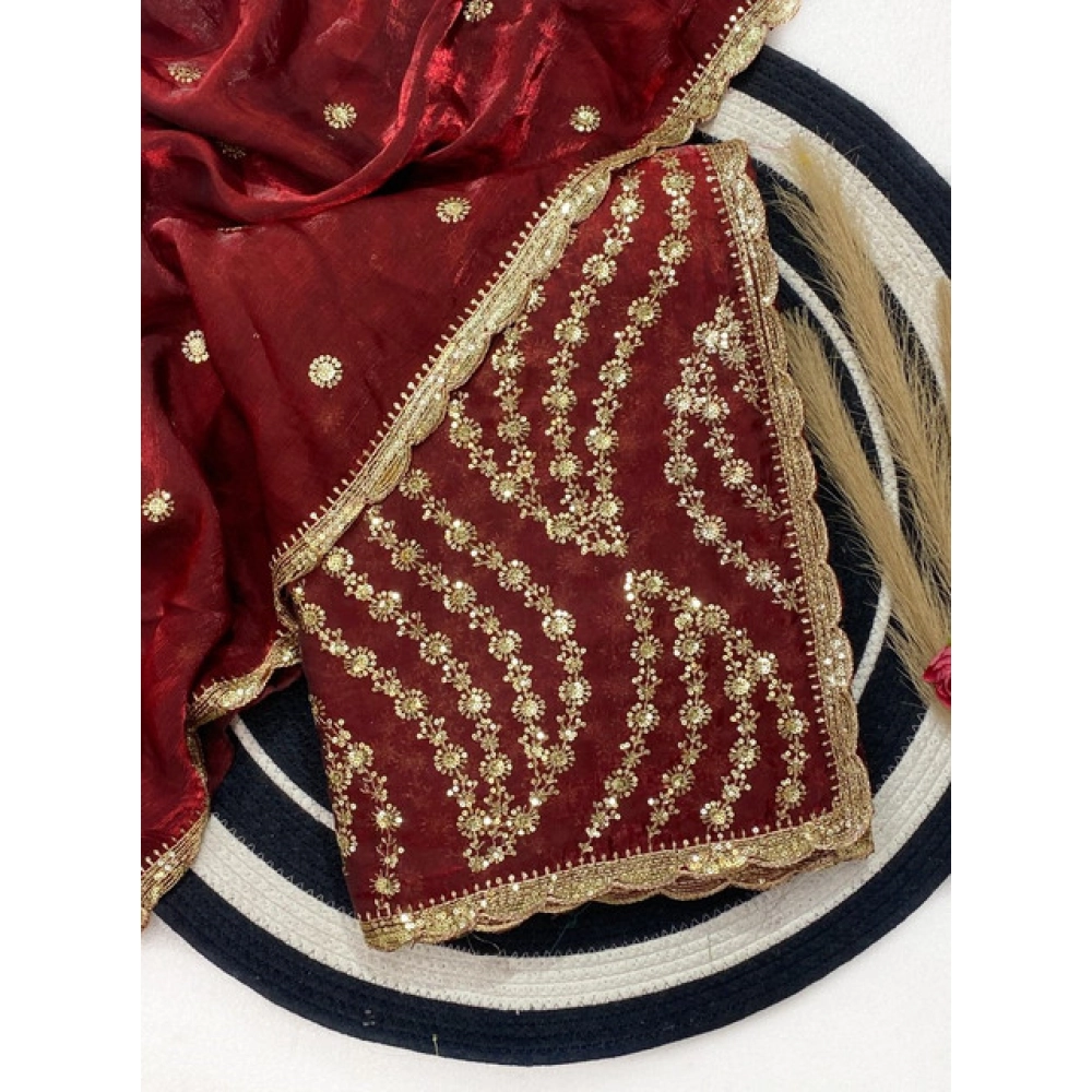 Women's Satin Embellished Saree with Blouse – Maroon