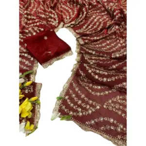 Women's Satin Embellished Saree with Blouse – Maroon