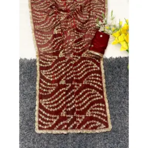 Women's Satin Embellished Saree with Blouse – Maroon