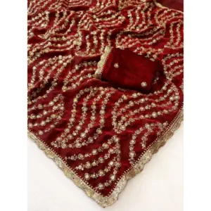 Women's Satin Embellished Saree with Blouse – Maroon