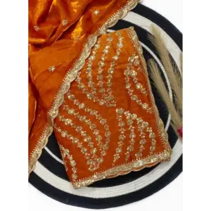 Women's Satin Embellished Saree with Blouse – Orange