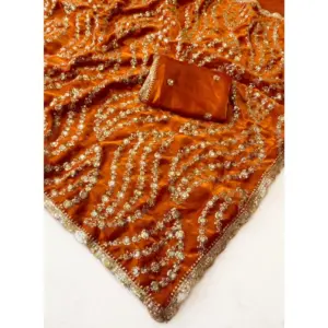 Women's Satin Embellished Saree with Blouse – Orange