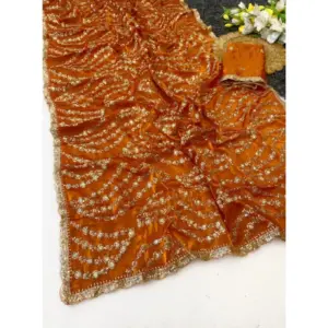 Women's Satin Embellished Saree with Blouse – Orange