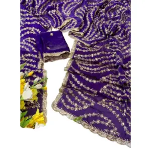 Women's Satin Embellished Saree with Blouse – Purple