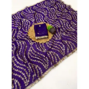 Women's Satin Embellished Saree with Blouse – Purple