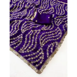 Women's Satin Embellished Saree with Blouse – Purple