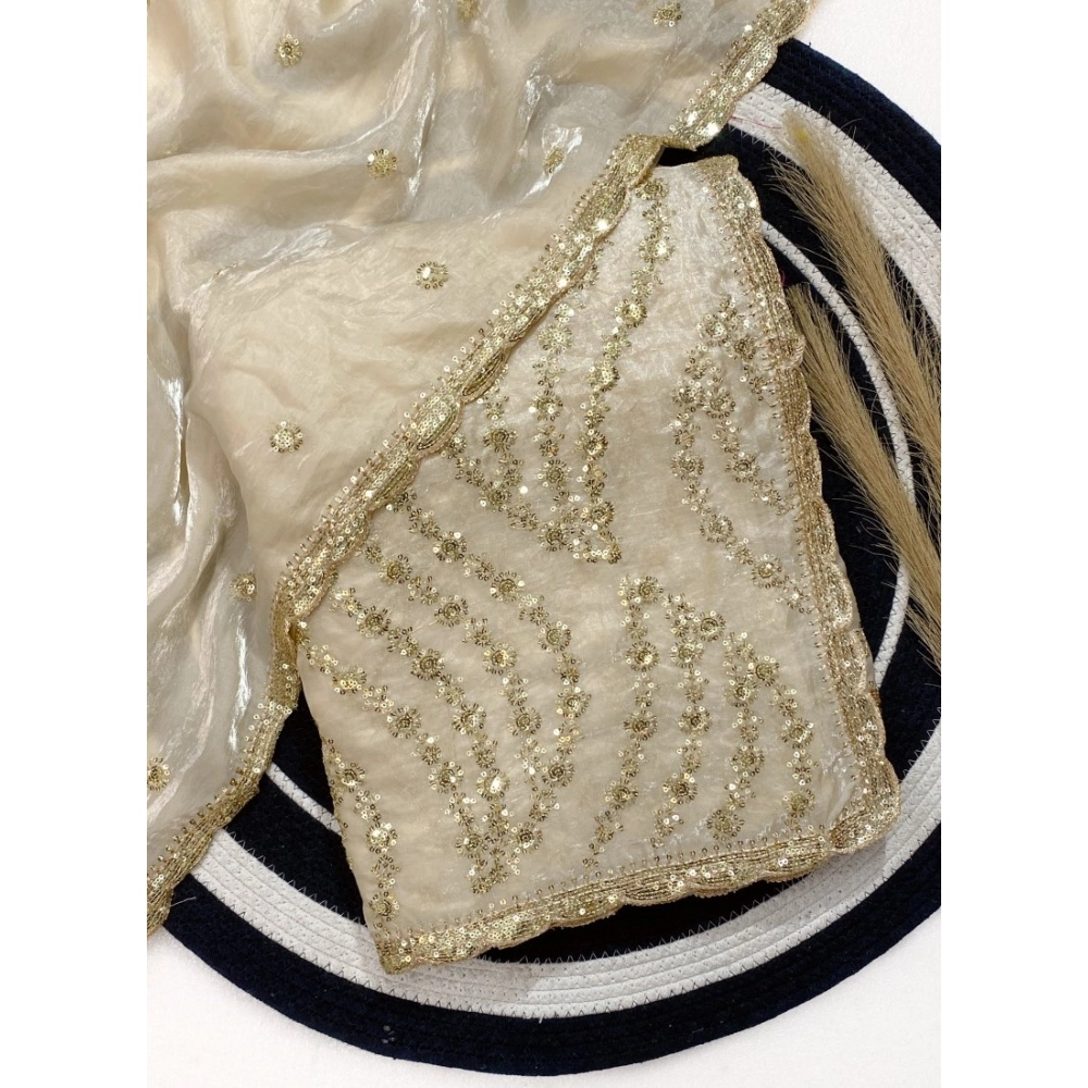Women's Satin Embellished Saree with Blouse – Cream