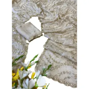 Women's Satin Embellished Saree with Blouse – Cream