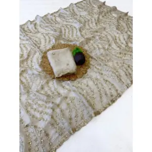 Women's Satin Embellished Saree with Blouse – Cream