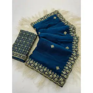 Women's Satin Embellished Saree with Blouse – Teal