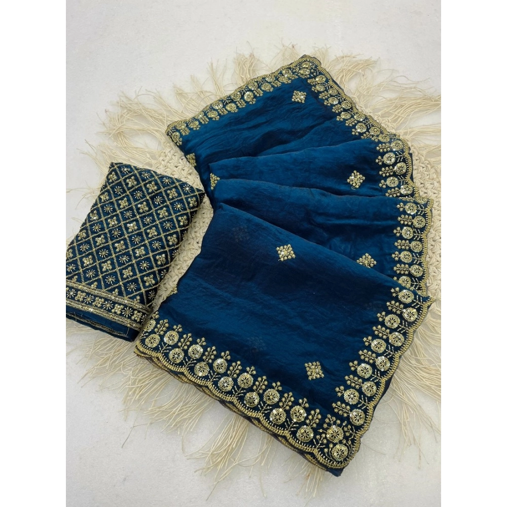 Women's Satin Embellished Saree with Blouse – Teal