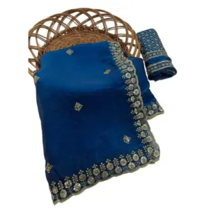 Women's Satin Embellished Saree with Blouse – Teal