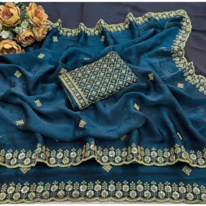 Women's Satin Embellished Saree with Blouse – Teal