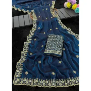 Women's Satin Embellished Saree with Blouse – Teal