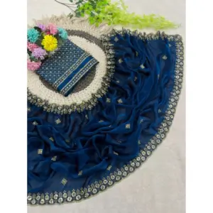 Women's Satin Embellished Saree with Blouse – Teal