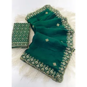 Women's Satin Embellished Saree with Blouse – Green