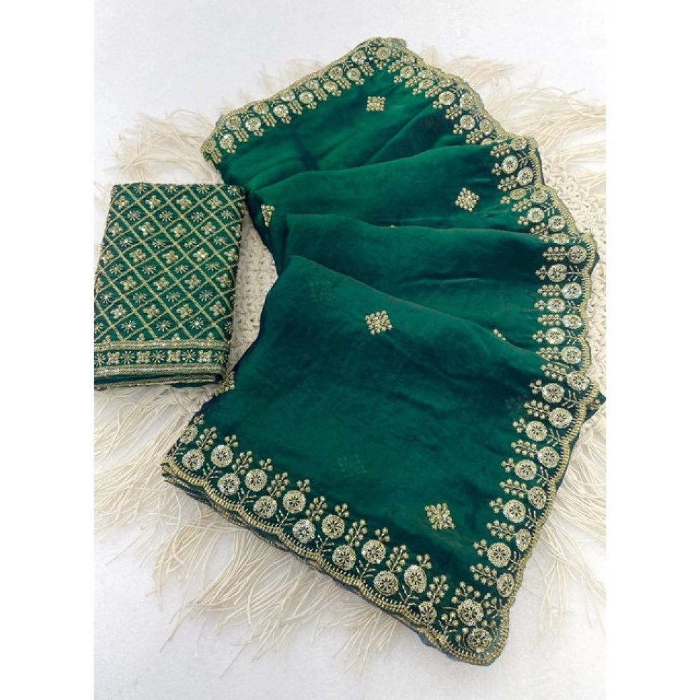 Women's Satin Embellished Saree with Blouse – Green
