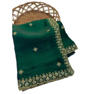 Women's Satin Embellished Saree with Blouse – Green