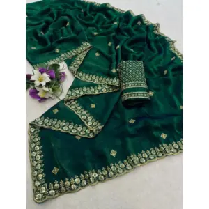 Women's Satin Embellished Saree with Blouse – Green