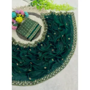 Women's Satin Embellished Saree with Blouse – Green