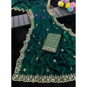 Women's Satin Embellished Saree with Blouse – Green