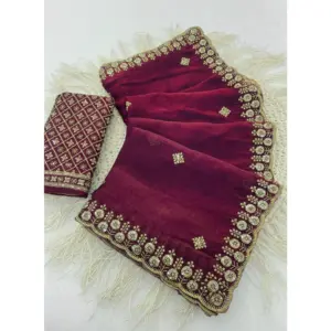 Women's Satin Embellished Saree with Blouse – Maroon