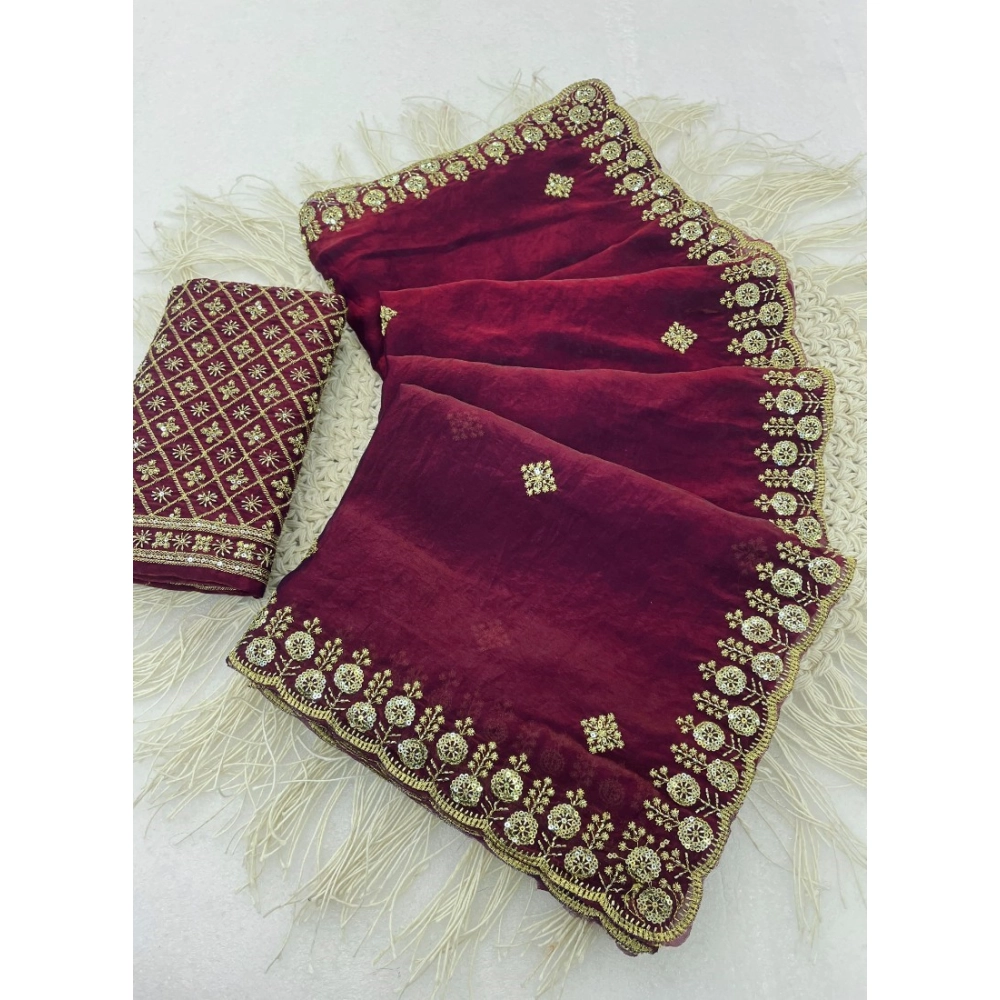 Women's Satin Embellished Saree with Blouse – Maroon