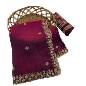 Women's Satin Embellished Saree with Blouse – Maroon