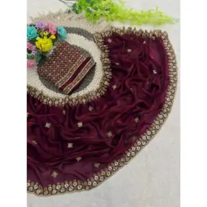Women's Satin Embellished Saree with Blouse – Maroon