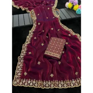 Women's Satin Embellished Saree with Blouse – Maroon