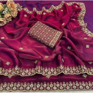 Women's Satin Embellished Saree with Blouse – Maroon