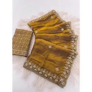 Women's Satin Embellished Saree with Blouse – Mustard