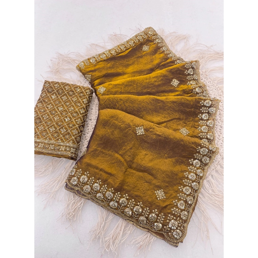 Women's Satin Embellished Saree with Blouse – Mustard