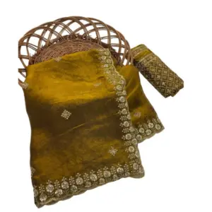 Women's Satin Embellished Saree with Blouse – Mustard