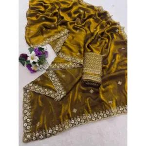 Women's Satin Embellished Saree with Blouse – Mustard