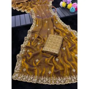 Women's Satin Embellished Saree with Blouse – Mustard