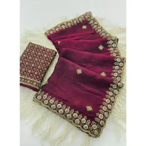 Women's Satin Embellished Saree with Blouse – Wine-Toned