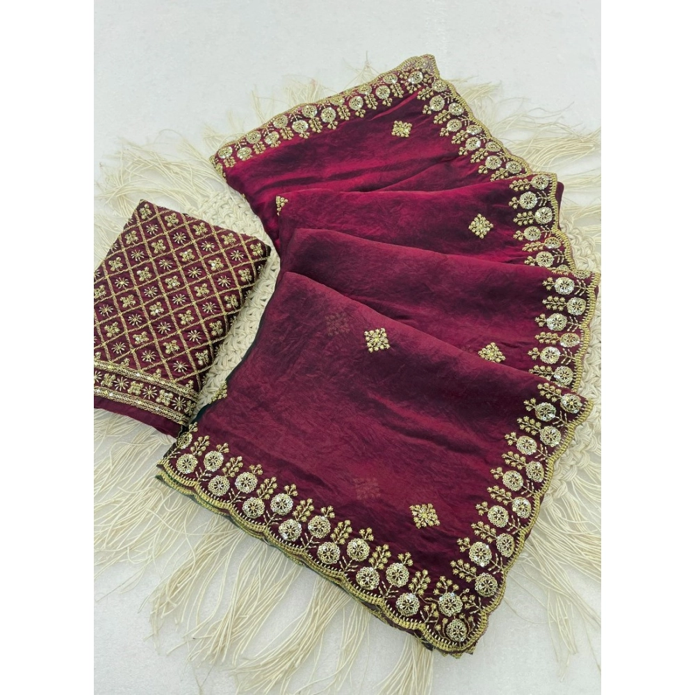 Women's Satin Embellished Saree with Blouse – Wine-Toned