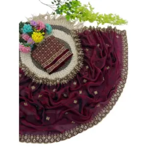 Women's Satin Embellished Saree with Blouse – Wine-Toned