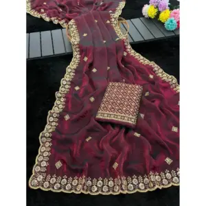 Women's Satin Embellished Saree with Blouse – Wine-Toned