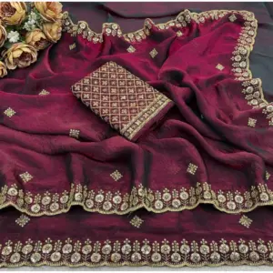 Women's Satin Embellished Saree with Blouse – Wine-Toned